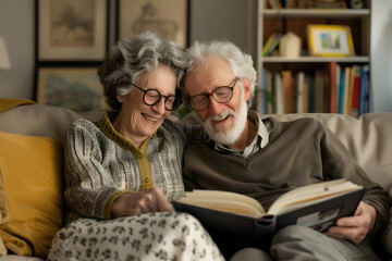 Elderly Couple Enjoying Reading Book Together at Home