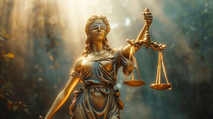 Obraz premium Statue of Lady Justice holding scales in a forest setting