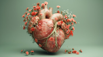 human heart, with growing flowers from it, on light green background, realistic, 3d render