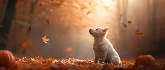 Curious Puppy Exploring the Enchanting Autumn Woodland