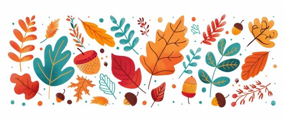 Colorful autumn leaves and acorns doodle illustration with vibrant shades of orange, red, and teal, perfect for seasonal designs and decorations.