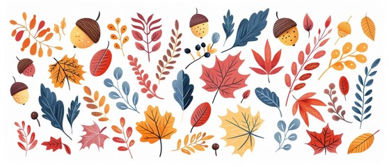 Colorful autumn leaves and acorns illustration. Perfect for seasonal design, nature themes, and fall decorations.
