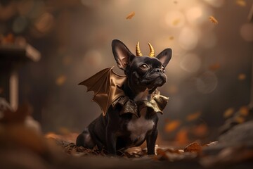 Fearsome Black Bat-like Creature with Dramatic Horns and Teeth in Dark Night Forest