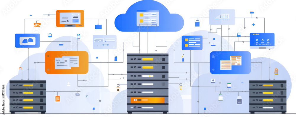 Poster a computer network with three servers and a cloud. the servers are connected to each other and to th