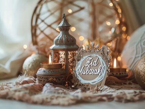 greeting card with "Eid Mubarak!" in elegant Arabic calligraphy, marking the joyous occasion of Eid al-Fitr or Eid al-Adha in Islam.