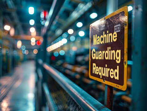 Machine Guarding: Signs indicating the need for protective barriers around machinery, such as "Machine Guarding Required" to prevent contact with moving parts.