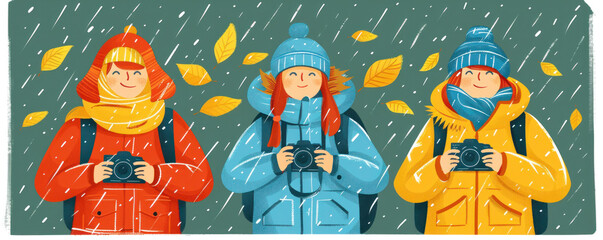 Three women are holding cameras and smiling in the rain. Scene is cheerful and lighthearted, despite the dreary weather