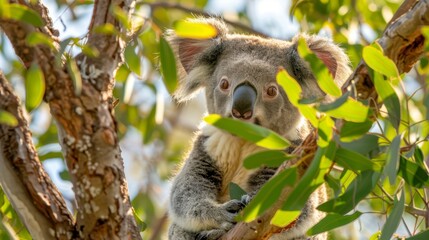 Fototapeta premium A tight shot of a koala in a tree, gazing at the camera with an expression of surprise