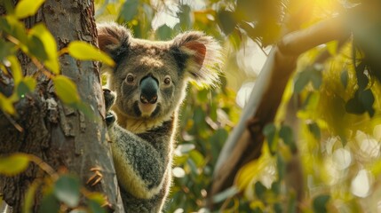 Obraz premium A koala up-close on a tree, leaves in foreground, sunlight behind