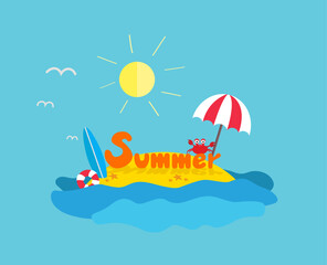 Obraz premium Summer sign on dessert island. flat design. Crab, summer , surfing board. 