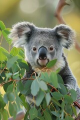 Fototapeta premium A tight shot of a koala on a tree limb, surrounded by foreground leaves, with a softly blurred background