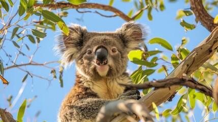 Fototapeta premium A koala up-close on a tree branch against a blue sky