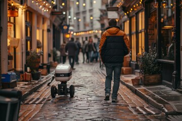 Man walking on a cobblestone street with a delivery robot. Urban scene with modern technology concept.