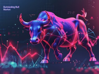 festive banner with "Outstanding Bull Market Gains!" featuring a charging bull and upward trend lines.