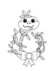 Coloring page. Snake in form of Christmas wreath. Black and white snake. Vector