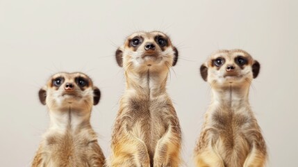  Three meerkats seated together on a wooden table before a white wall