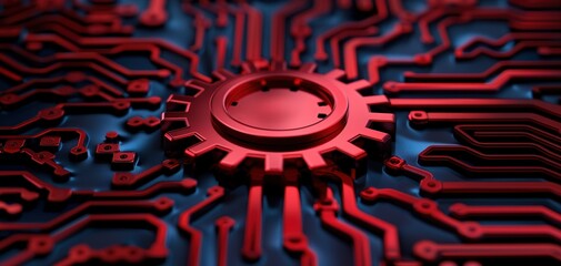 Close-up image of red microchip on a motherboard, representing technology, innovation, and electronic circuits in a detailed view.