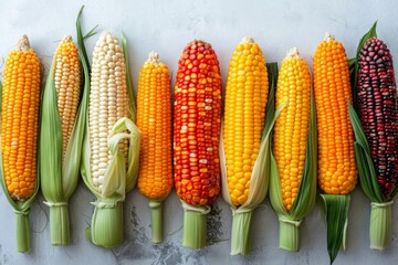 Variety of Colorful Corn Cobs. Close-up of assorted colorful corn cobs including yellow, white, red, and purple, arranged in a row.