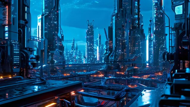 Luminous futuristic cityscape on an expansive illuminated circuit board, showcasing a technology paradigm shift with vibrant lights and advanced digital infrastructure