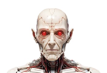 AI AGI Elderly Male Robot with Red Eyes and Human-Like Features and Neural Network