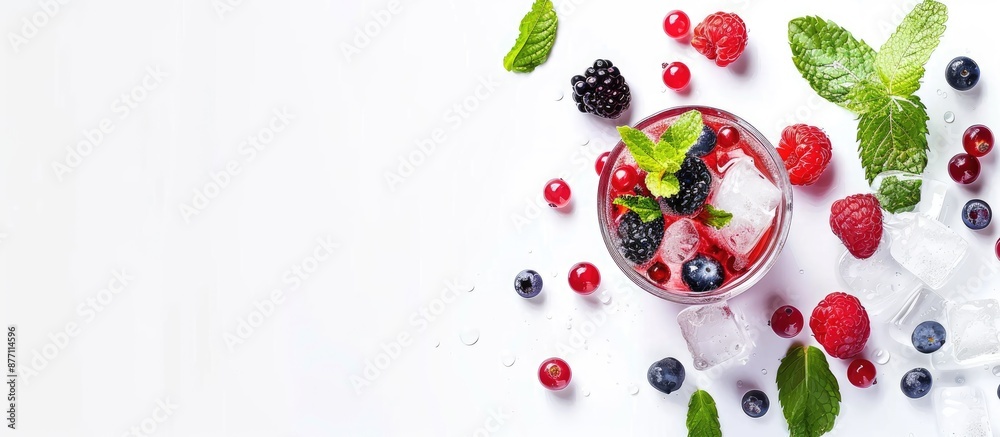 Poster a refreshing summer drink with mint, berries, and a straw, placed on a white background with room fo