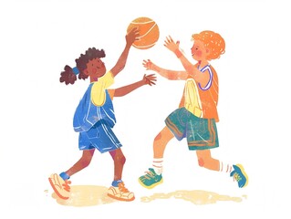 Cute kids playing basketball illustration on white. AI generated