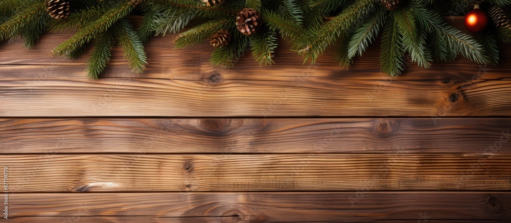 Poster Wooden board background showcasing a Christmas fir tree with ample space for additional content or text, known as a copy space image.