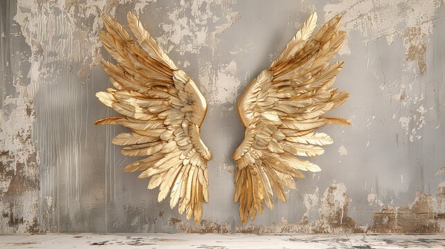 pair of gold angel wings in a photography studio backdrop.