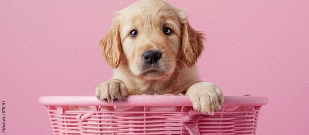 Poster golden retriever puppy in a pink basket with paws dangling over the edge, gazing at the camera again