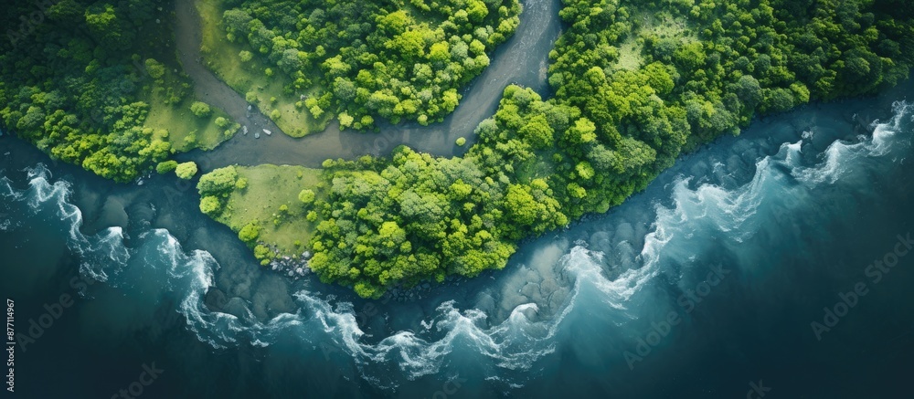 Aufkleber View from above of a winding river with a copy space image.