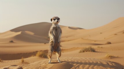  Meerkat atop desert sand dunes, standing on hind legs against background