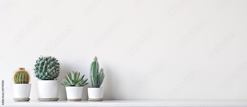 Poster A simple white frame with ceramic cactus plants on a shelf or desk against a white backdrop provides a visual story in a copy space image.