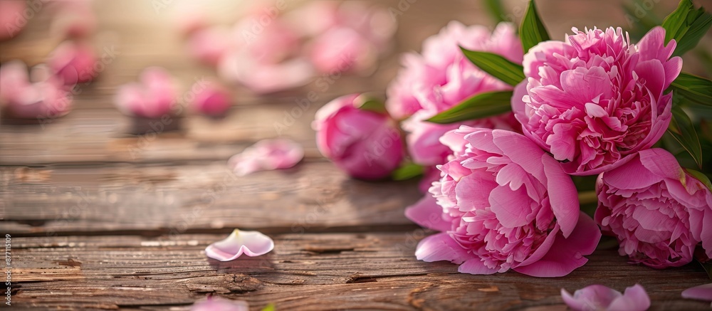 Poster peonies in pink bloom on a rustic wooden table, ideal for a copy space image.