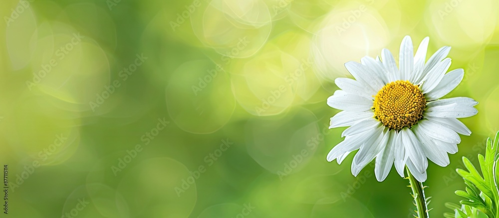 Poster close-up shot of a pretty daisy flower with a lush green backdrop in a photo with blank space for te
