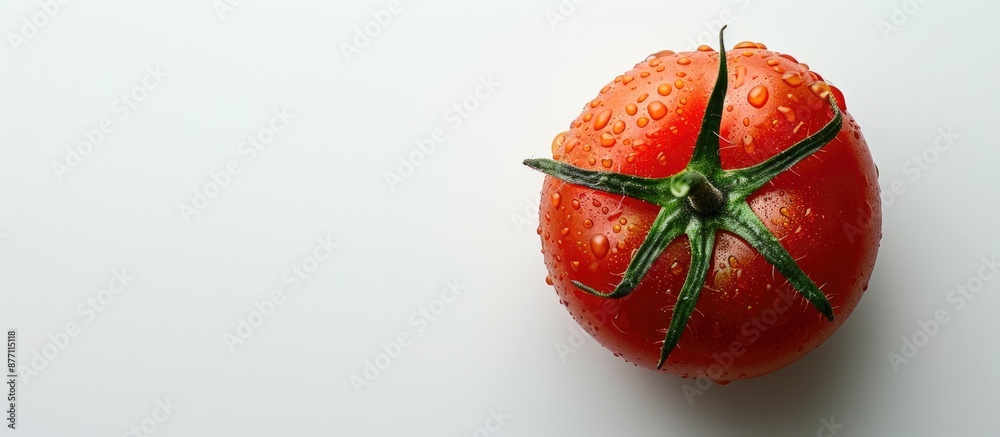 Poster copy space image of a tomato against a white backdrop.