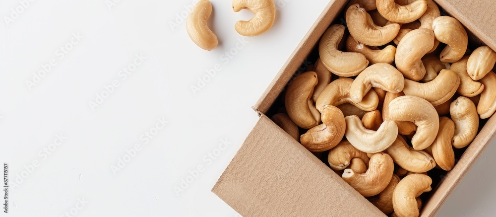 Poster an image showcasing a close-up of a cashew nut in a brown box on a white background, emphasizing the