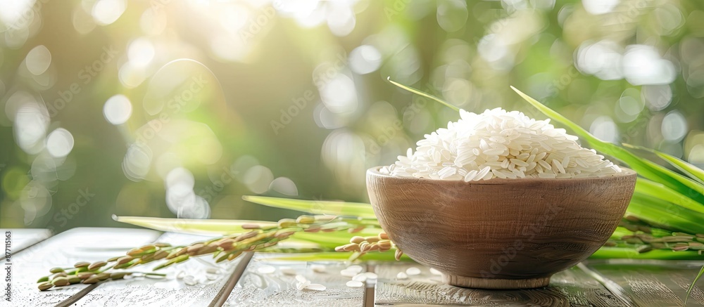 Poster selective focus with blurred background on a wooden table featuring rice and paddy, with space avail