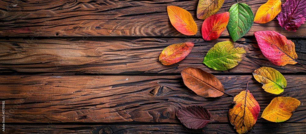 Fototapete a background composition featuring colorful leaves on brown wooden boards with copy space image for 