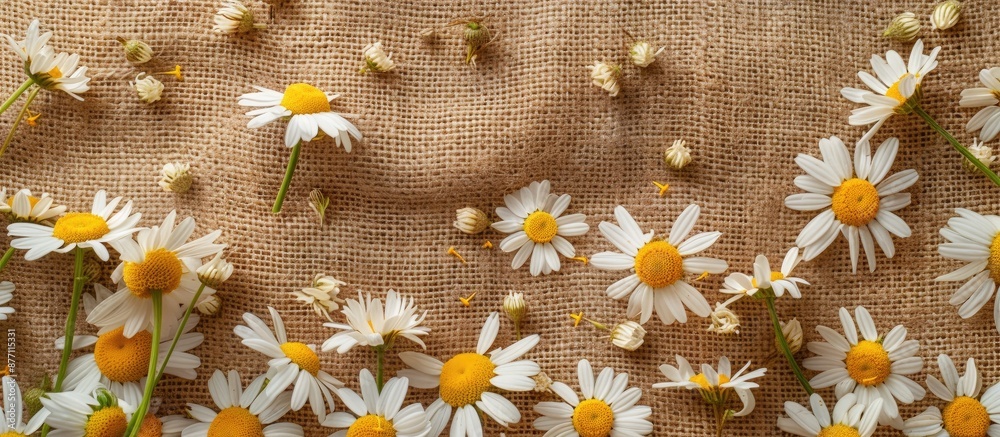 Aufkleber Top view of chamomile flowers and white field daisies scattered on burlap, creating a scenic backdrop suitable for design projects with copy space image.