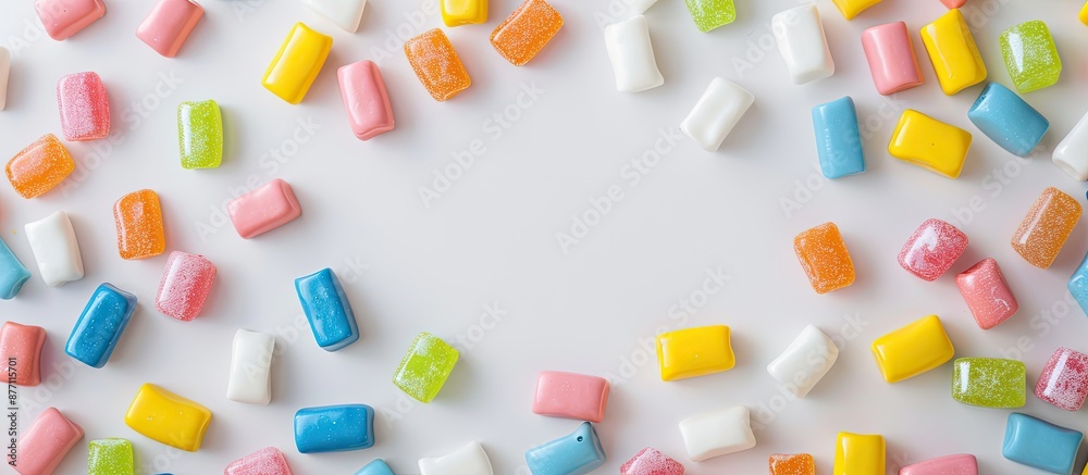 Poster top view of sweet chewing gums on a white background with copy space image.