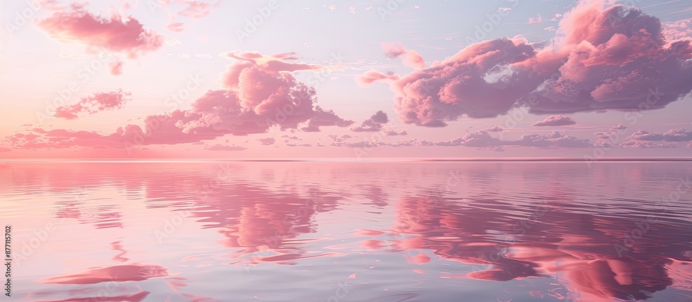 Aufkleber Scenic view with a soft coral pink color palette reflected in the water under scattered cirrocumulus clouds, creating a serene ambiance for a copy space image.