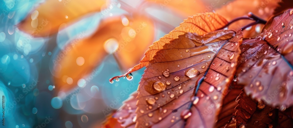 Poster close-up of wet autumn leaves with copy space image for natural background.