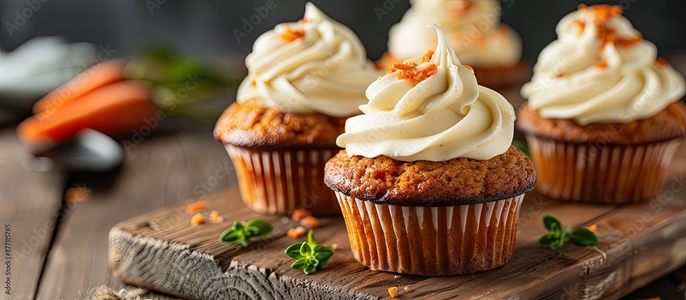 Poster Carrot cake cupcakes with buttercream frosting perfect for featuring a copy space image.