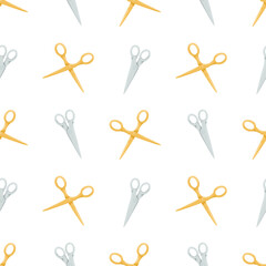 Scissors seamless pattern. Vector cartoon illustration. Hand drawn retro gold and silver scissors.White background. Barber shop or tailor theme. Paper cutting, haircut concept, fabric cutting.