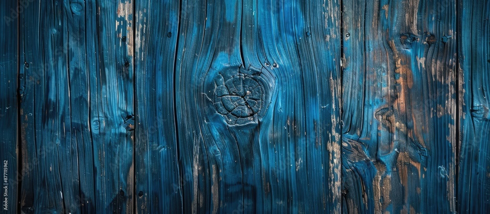 Poster A weathered wooden wall in blue grunge style featuring a rough texture with a visible knot, suitable for a background with ample copy space image.