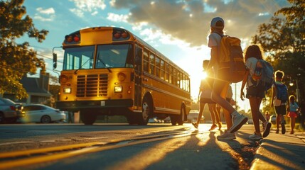 School bus with children crossing the street at sunrise