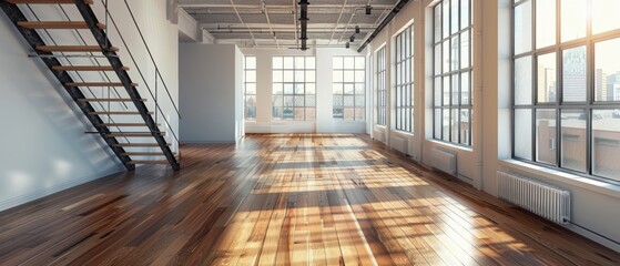 Obraz premium Modern loft apartment interior with large windows, hardwood floors, and exposed staircase, flooded with natural light.