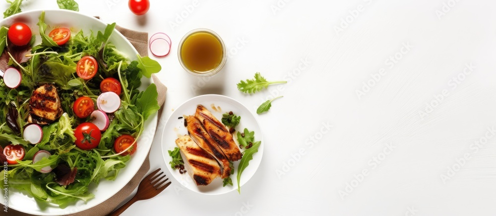 Aufkleber A healthy lunch option displayed on a white table featuring a banner and copy space image with a salad made of roasted chicken fillet, lettuce, arugula, and tomatoes.