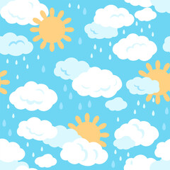 Kids seamless pattern in simple hand drawn flat style. Cute elements of clouds with rain drops and sun. Nursery vector illustration.