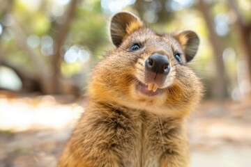 Adorable quokka with a cheeky grin captured in a closeup in the australian wilderness